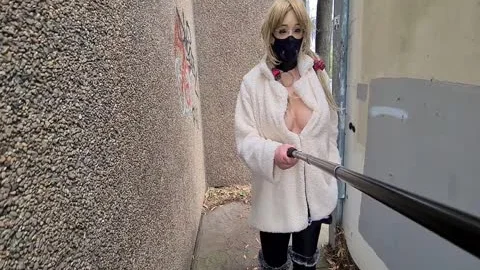 Exhibitionist hooker Flashing In A Fur Coat By A Busy Road